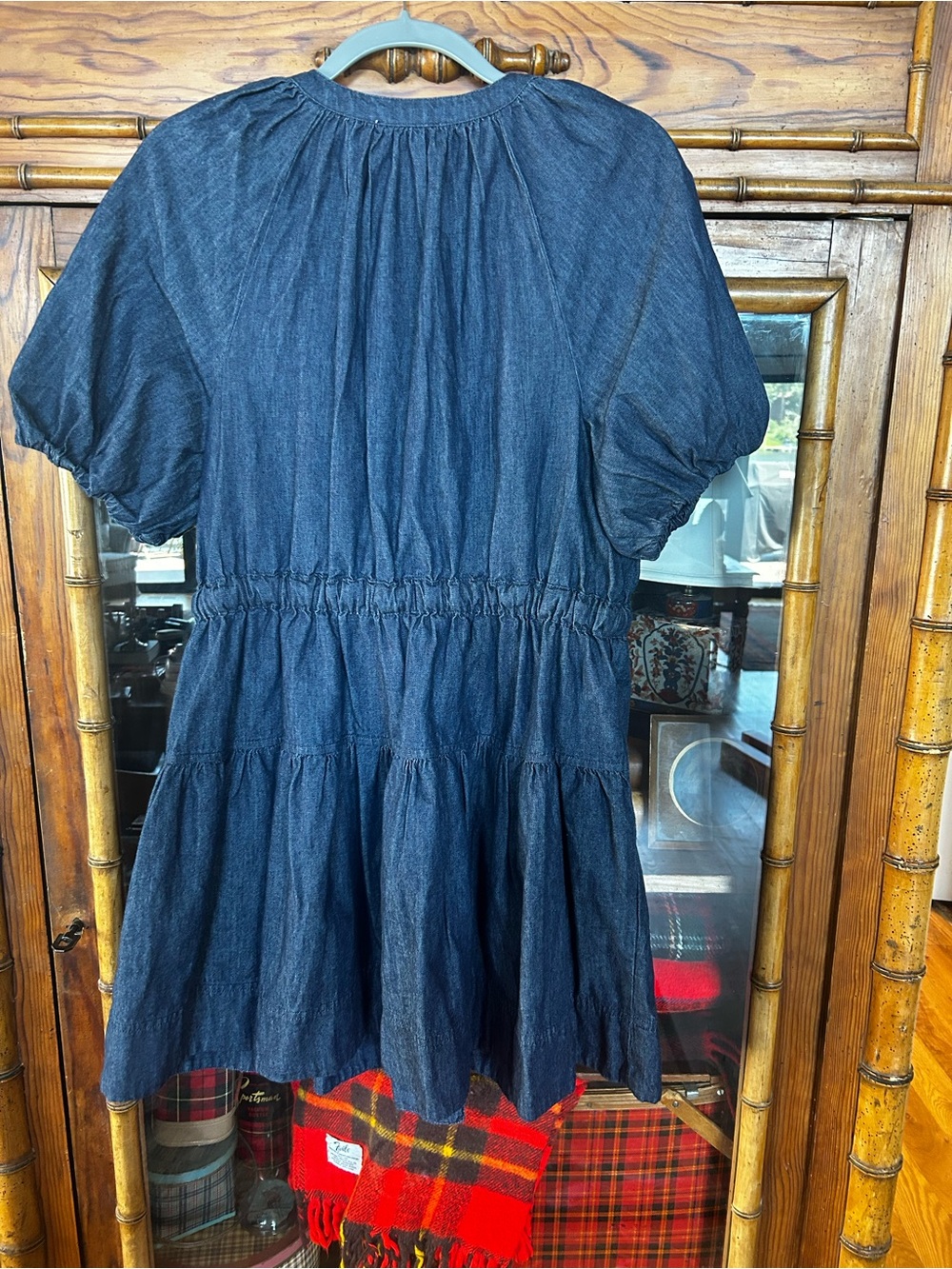 Women's Dark Blue Denim Tiered Drawstring Dress - Picture 4 of 4